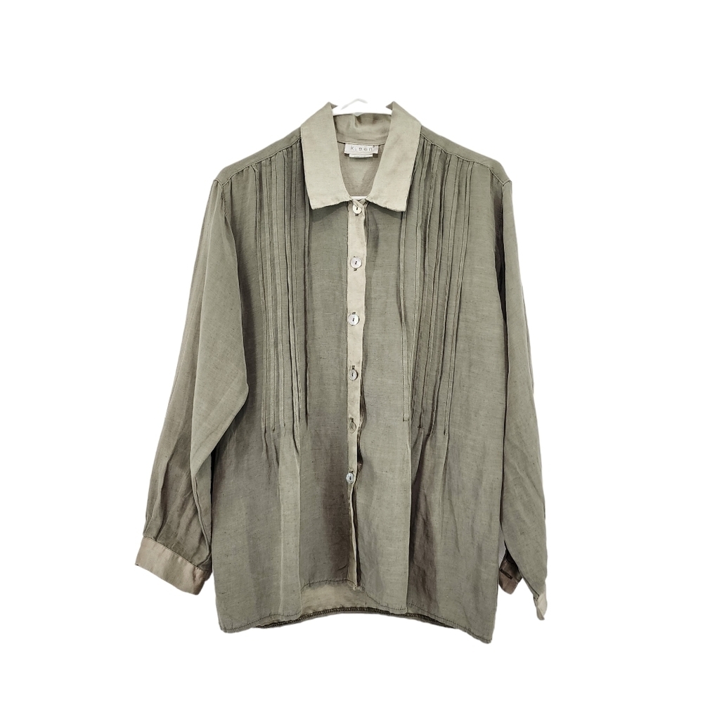 Kleen Women's Linen Blend Pintucks Button Front Shirt Lagenlook - XS